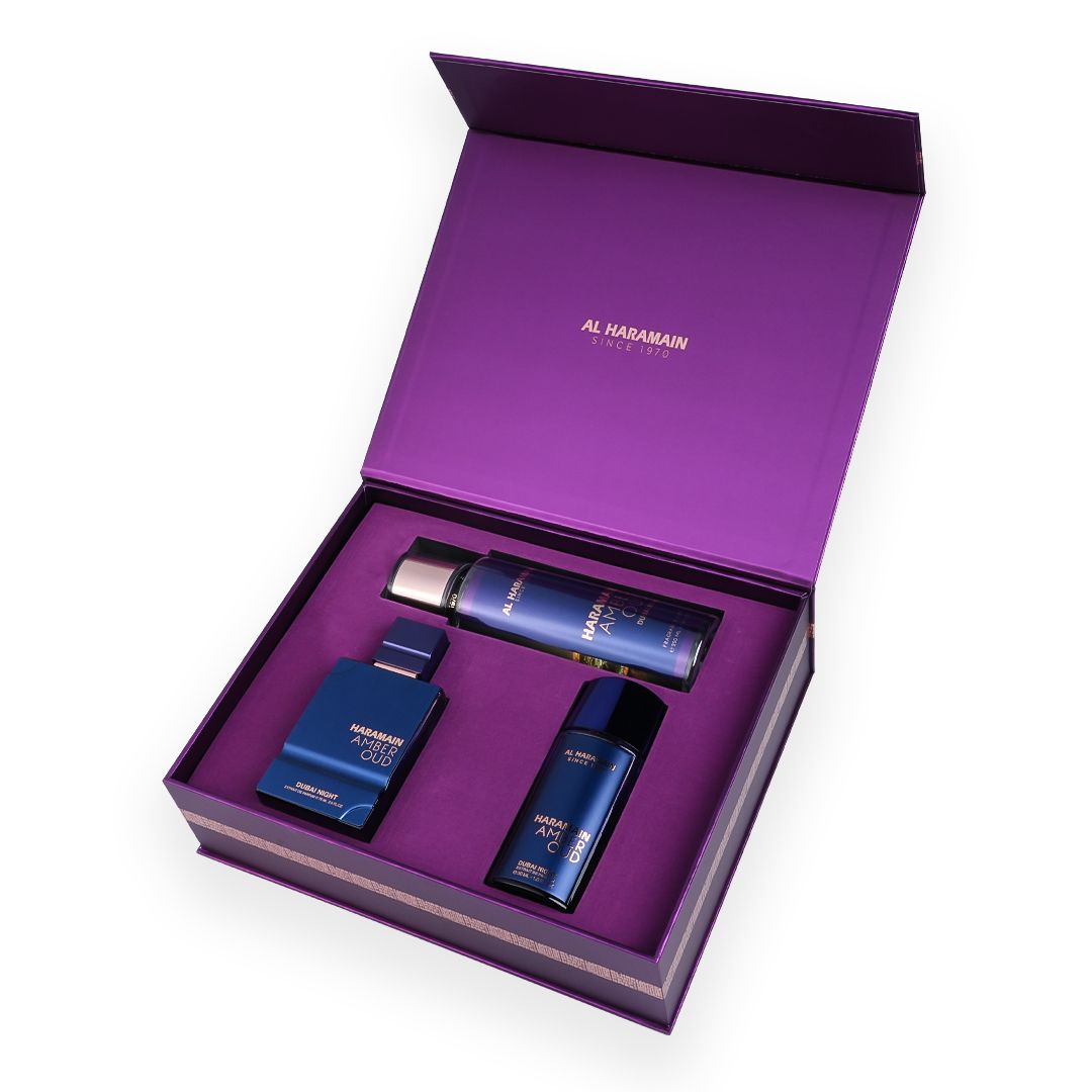 Al Haramain Al Haramain Amber Oud Dubai Night gift set (EXP 75 ml + EXP 30 ml + body mist 250 ml)