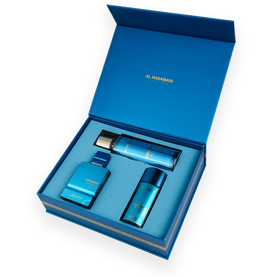 Al Haramain Al Haramain Amber Oud Aqua Dubai gift set (EXP 75 ml + EXP 30 ml + body mist 250 ml)